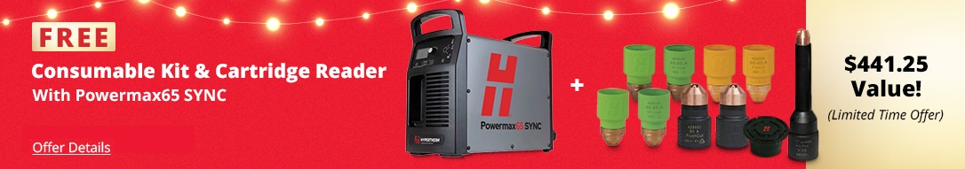 Free consumable kit and consumable cartridge reader with Hypertherm Powermax65 SYNC plasma cutters ($441.25 Value!)