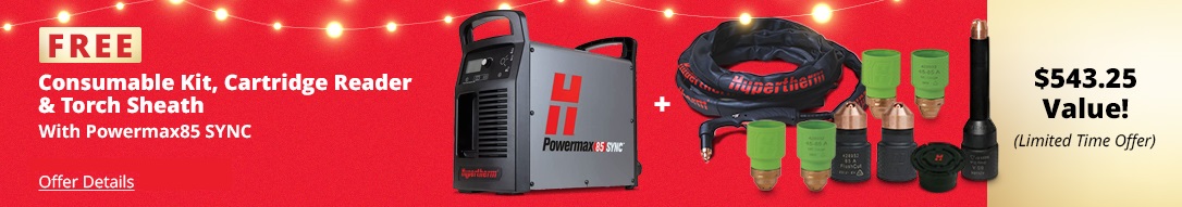 Free consumable kit, cartridge reader and torch sheath with Hypertherm Powermax85 SYNC plasma cutters ($543.25 Value!)