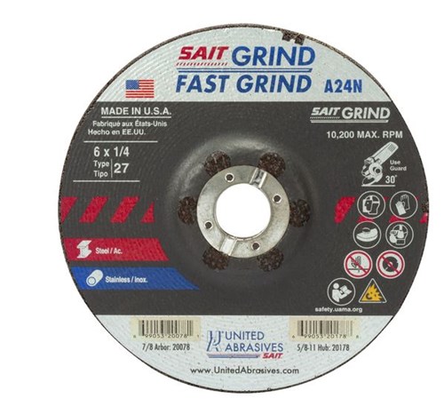 SAIT 6x1/4x7/8 A24N Fast Grinding Metal/Stainless No Hub Type 27 Grinding Wheels #20078 (25 pack) for sale