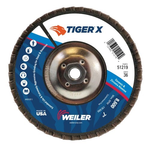 Weiler 7" Tiger X Flap Disc, Conical (TY29) #51219 (10 Pk)