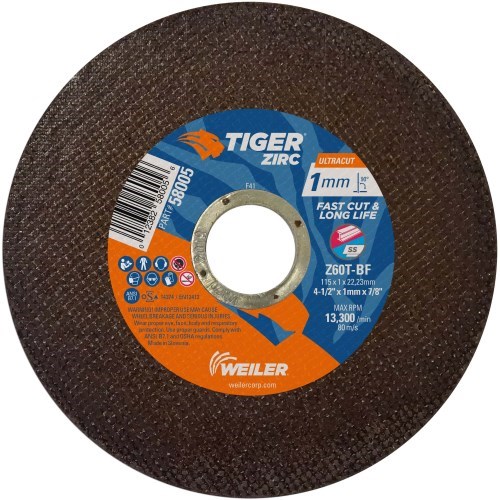 Weiler 4-1/2" x 1mm TIGER ZIRC ULTRACUT Type 1, Z60T, 7/8" A.H. #58005 (50 Pk)