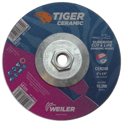 Weiler 6" x 1/4" TIGER CERAMIC Type 27 Grinding Wheel CER24R #58330 (10Pk)